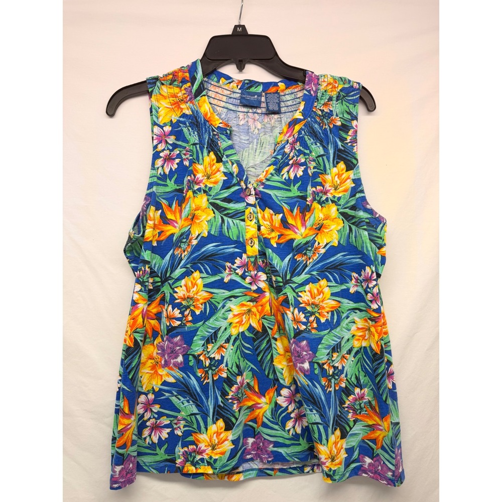 Caribbean Joe Womens Blue Tropical Floral Sleeveless Henley Smocked Top Large